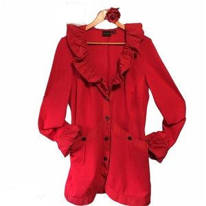 JACKET TRIBAL RED SZ 10 LONG RUCHED RUFFLE V NECK